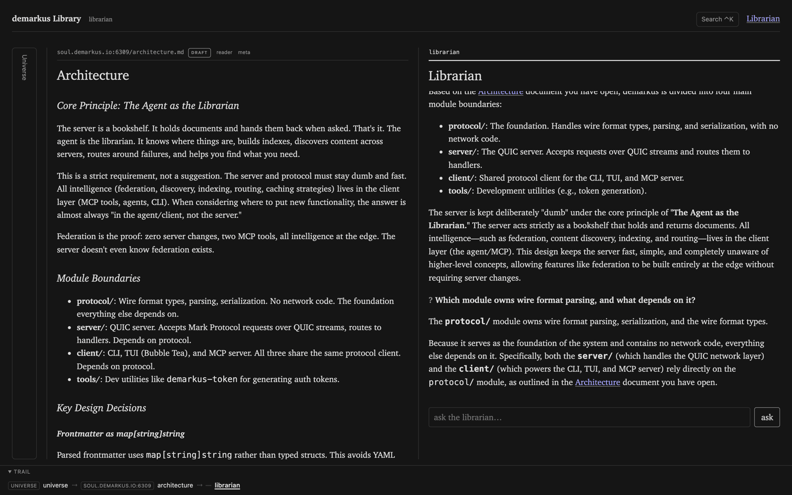 The architecture document open on the left; on the right the librarian pane answers a question about which module owns wire format parsing, citing the architecture document it read