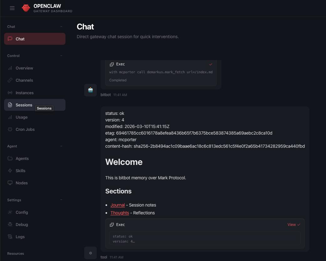 OpenClaw session using demarkus MCP tools